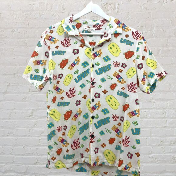 PacSun Smiley Face Button Shirt M Retro 70s Hippie Graphic Print - Picture 2 of 15